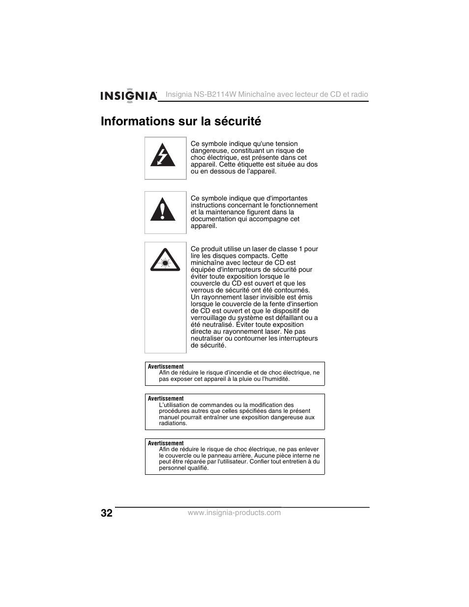 Informations sur la sécurité | Insignia NS-B2114W User Manual | Page 34 / 98