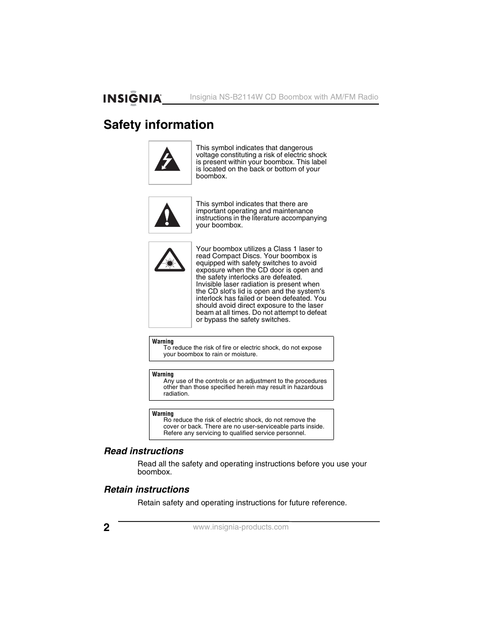 Safety information, Read instructions, Retain instructions | Insignia NS-B2114W User Manual | Page 4 / 98