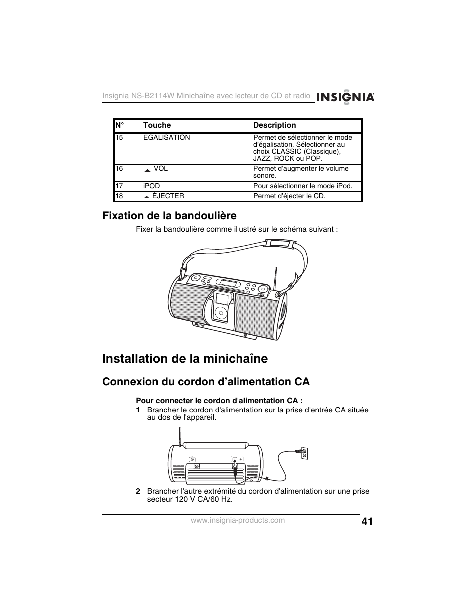 Fixation de la bandoulière, Installation de la minichaîne, Connexion du cordon d’alimentation ca | Insignia NS-B2114W User Manual | Page 43 / 98