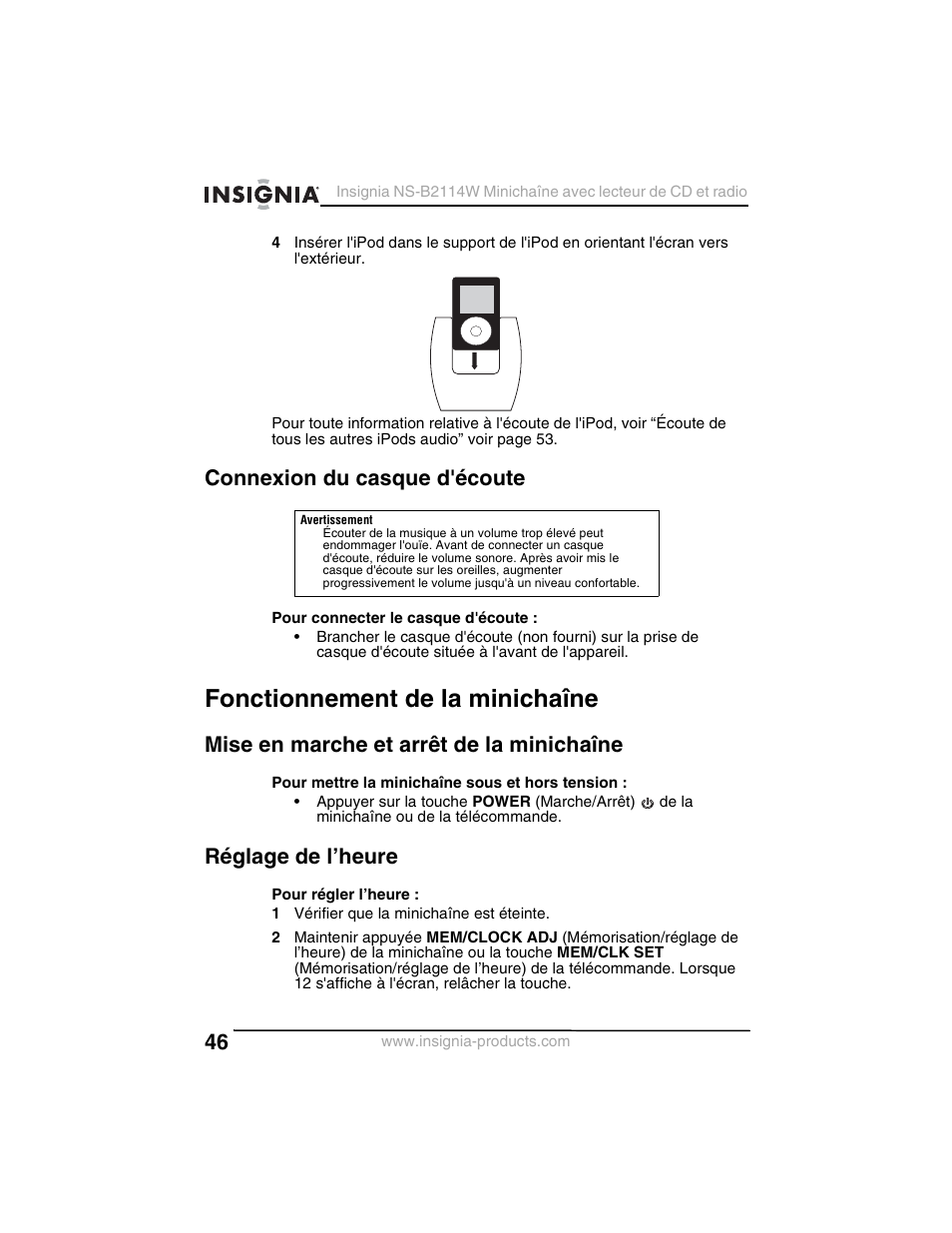 Connexion du casque d'écoute, Fonctionnement de la minichaîne, Mise en marche et arrêt de la minichaîne | Réglage de l’heure | Insignia NS-B2114W User Manual | Page 48 / 98