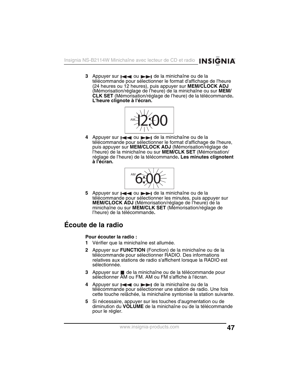 Écoute de la radio, I2:00 | Insignia NS-B2114W User Manual | Page 49 / 98