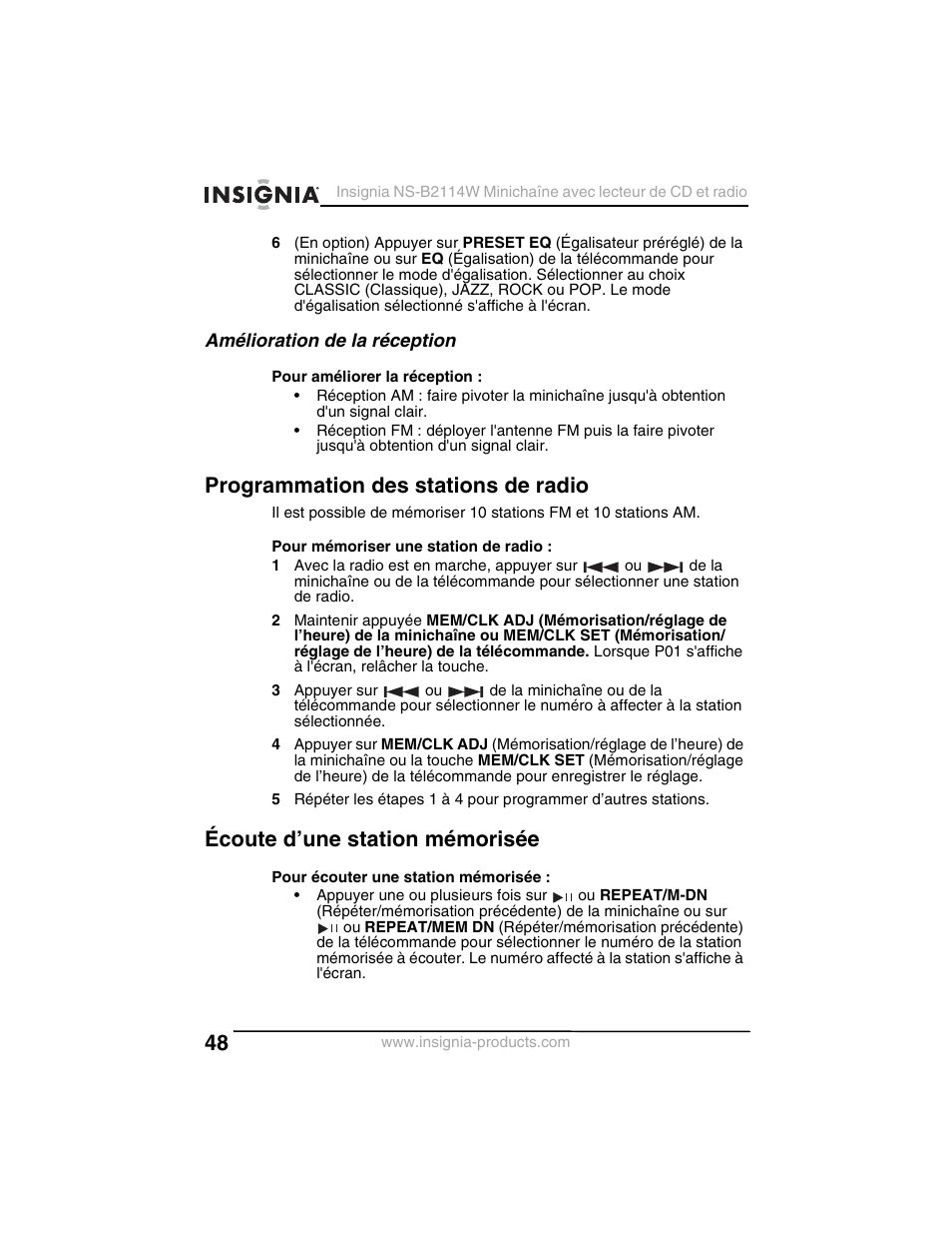 Programmation des stations de radio, Écoute d’une station mémorisée | Insignia NS-B2114W User Manual | Page 50 / 98