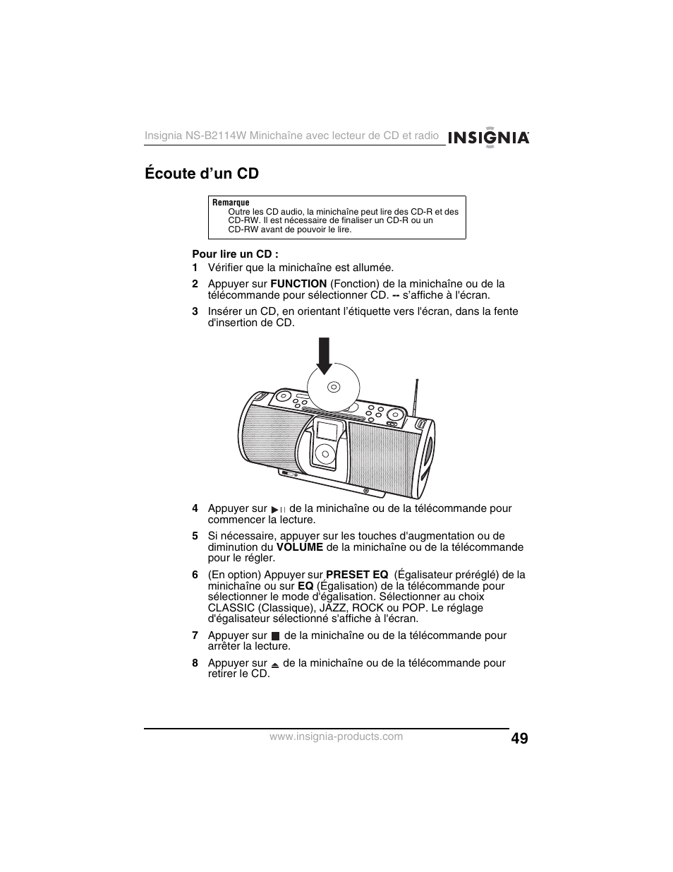 Écoute d’un cd | Insignia NS-B2114W User Manual | Page 51 / 98