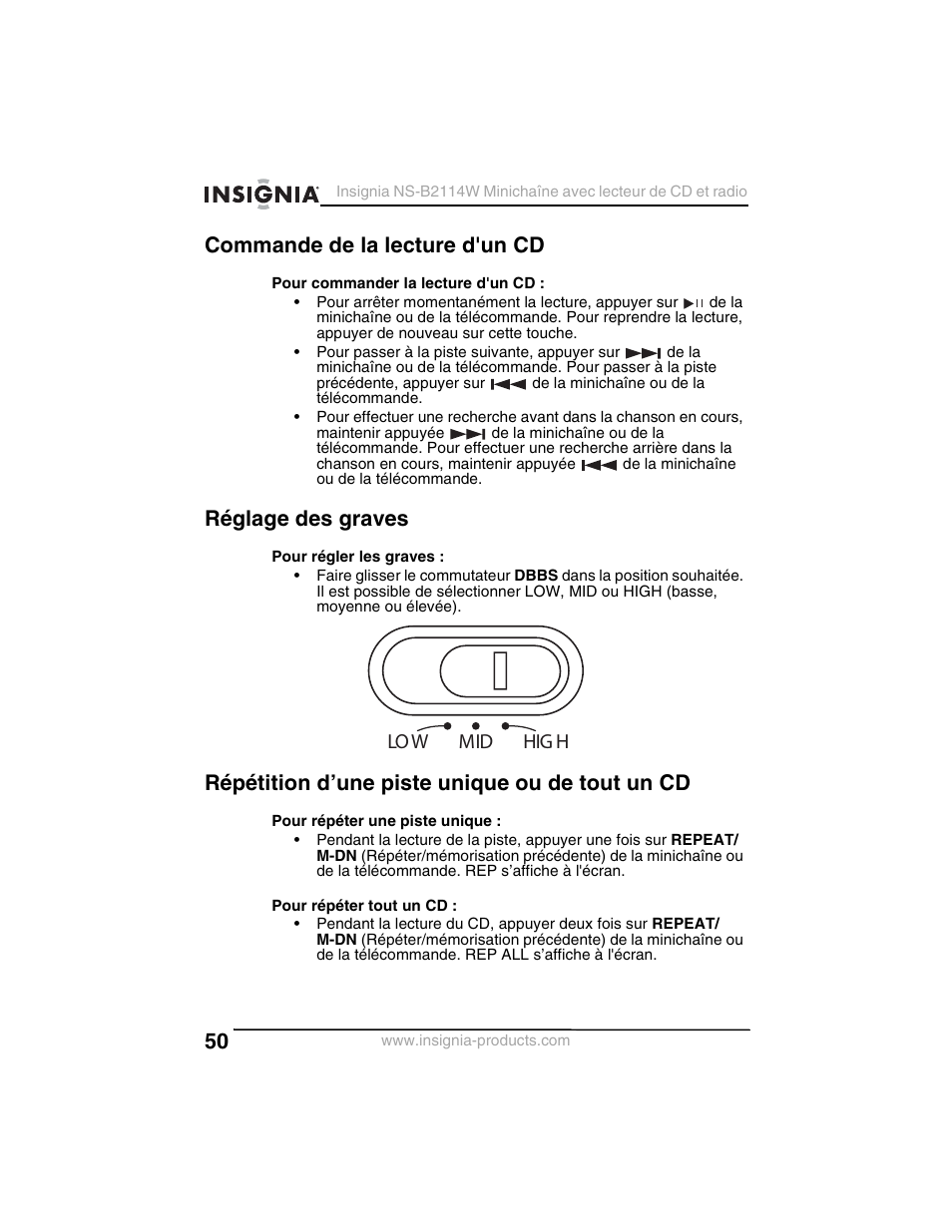 Commande de la lecture d'un cd, Réglage des graves, Répétition d’une piste unique ou de tout un cd | Low mid hig h | Insignia NS-B2114W User Manual | Page 52 / 98