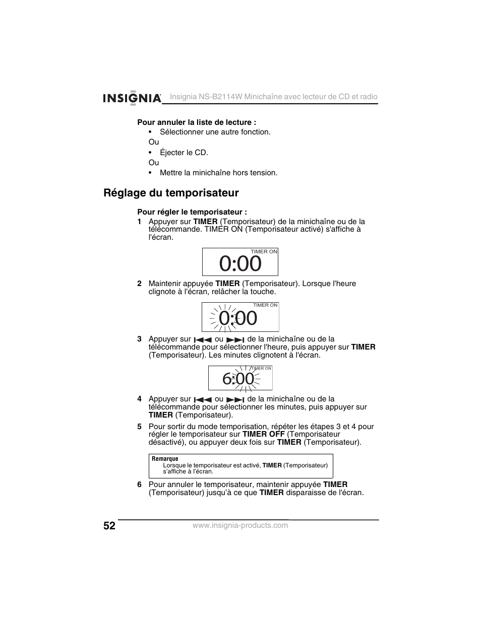 Réglage du temporisateur | Insignia NS-B2114W User Manual | Page 54 / 98