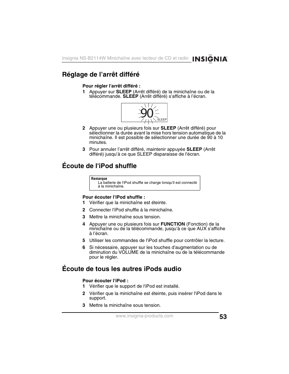 Réglage de l’arrêt différé, Écoute de l'ipod shuffle, Écoute de tous les autres ipods audio | Insignia NS-B2114W User Manual | Page 55 / 98