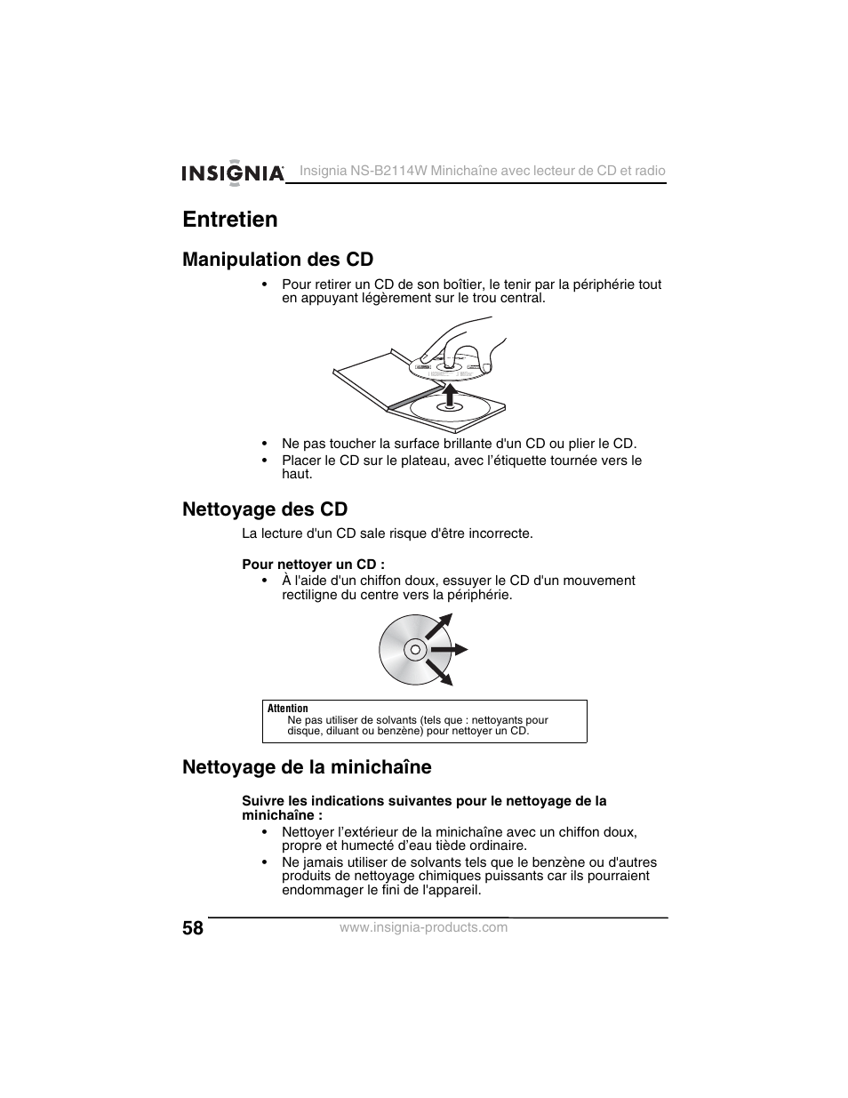 Entretien, Manipulation des cd, Nettoyage des cd | Nettoyage de la minichaîne | Insignia NS-B2114W User Manual | Page 60 / 98