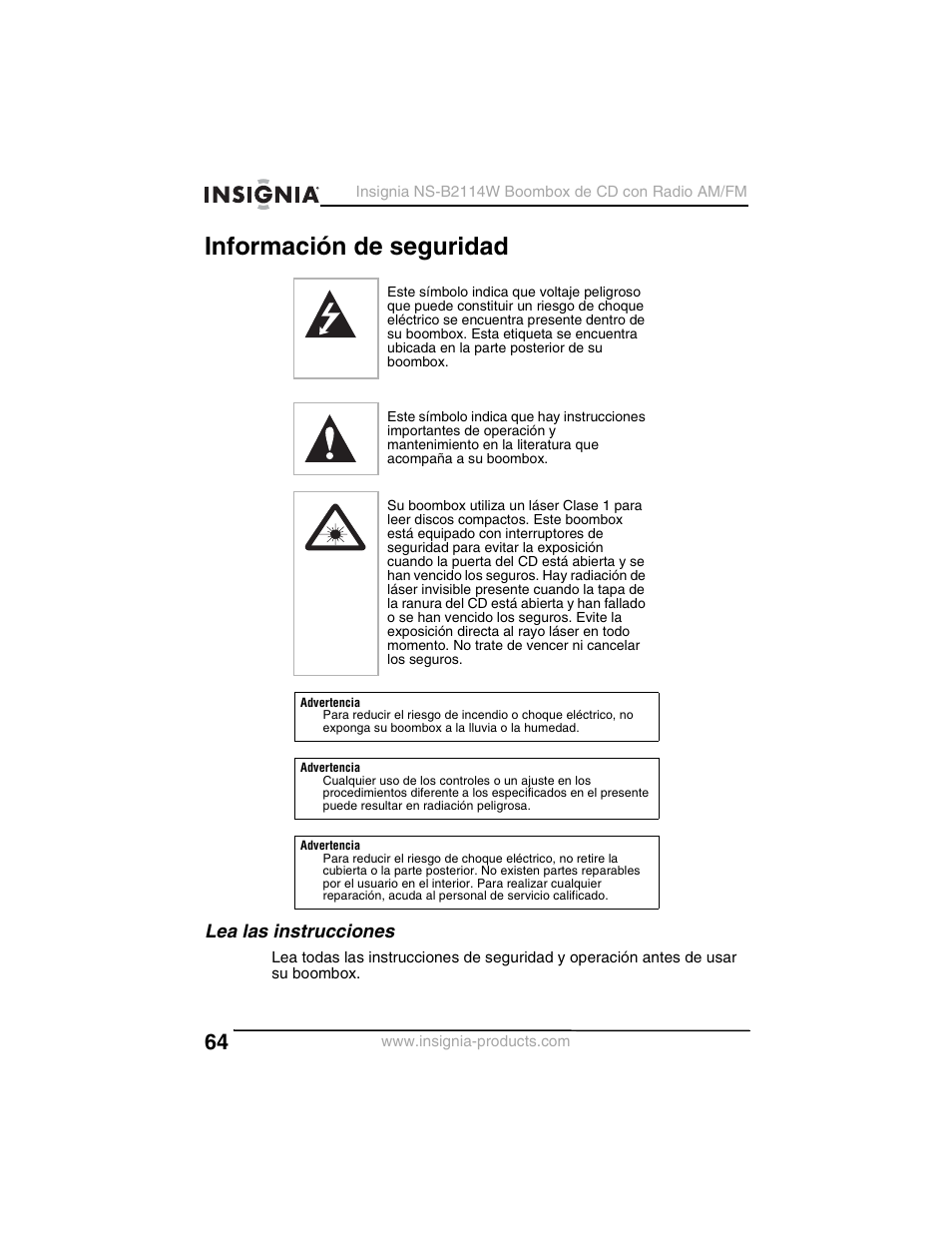 Información de seguridad, Lea las instrucciones | Insignia NS-B2114W User Manual | Page 66 / 98