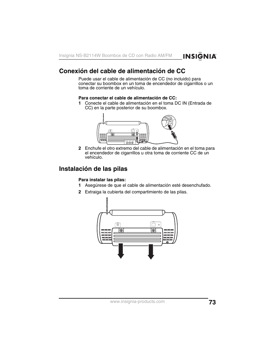 Conexión del cable de alimentación de cc, Instalación de las pilas | Insignia NS-B2114W User Manual | Page 75 / 98