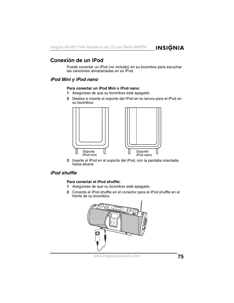 Conexión de un ipod, Ipod mini y ipod nano, Ipod shuffle | Insignia NS-B2114W User Manual | Page 77 / 98