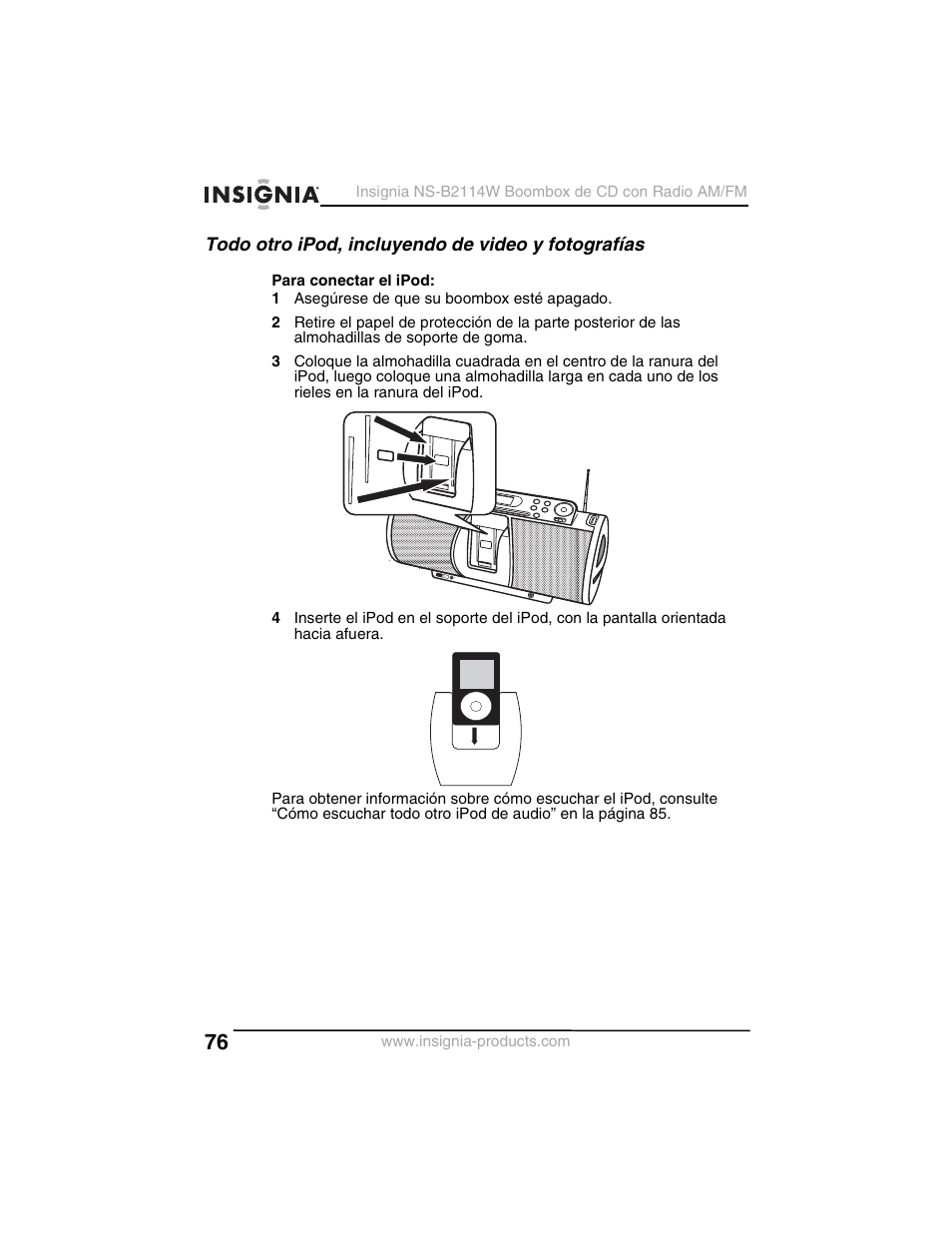 Todo otro ipod, incluyendo de video y fotografías | Insignia NS-B2114W User Manual | Page 78 / 98