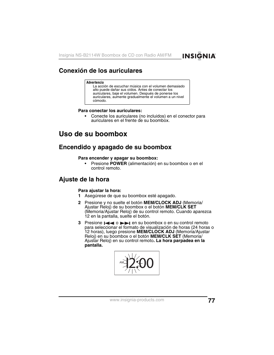 Conexión de los auriculares, Uso de su boombox, Encendido y apagado de su boombox | Ajuste de la hora, I2:00 | Insignia NS-B2114W User Manual | Page 79 / 98