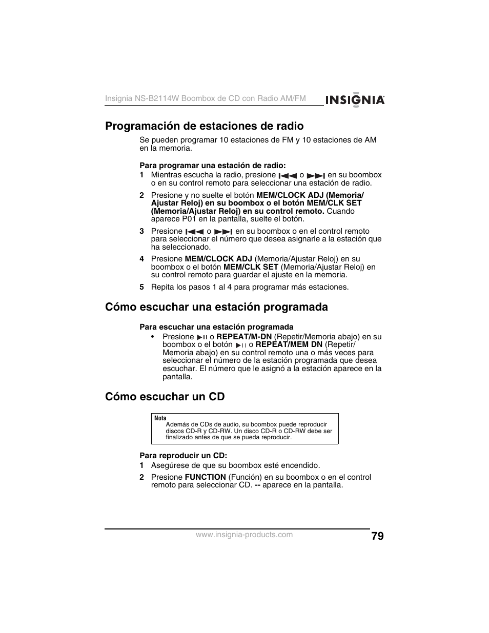 Programación de estaciones de radio, Cómo escuchar una estación programada, Cómo escuchar un cd | Insignia NS-B2114W User Manual | Page 81 / 98