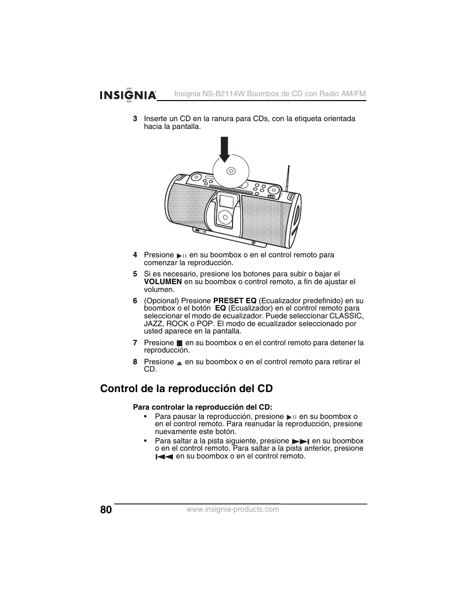 Control de la reproducción del cd | Insignia NS-B2114W User Manual | Page 82 / 98