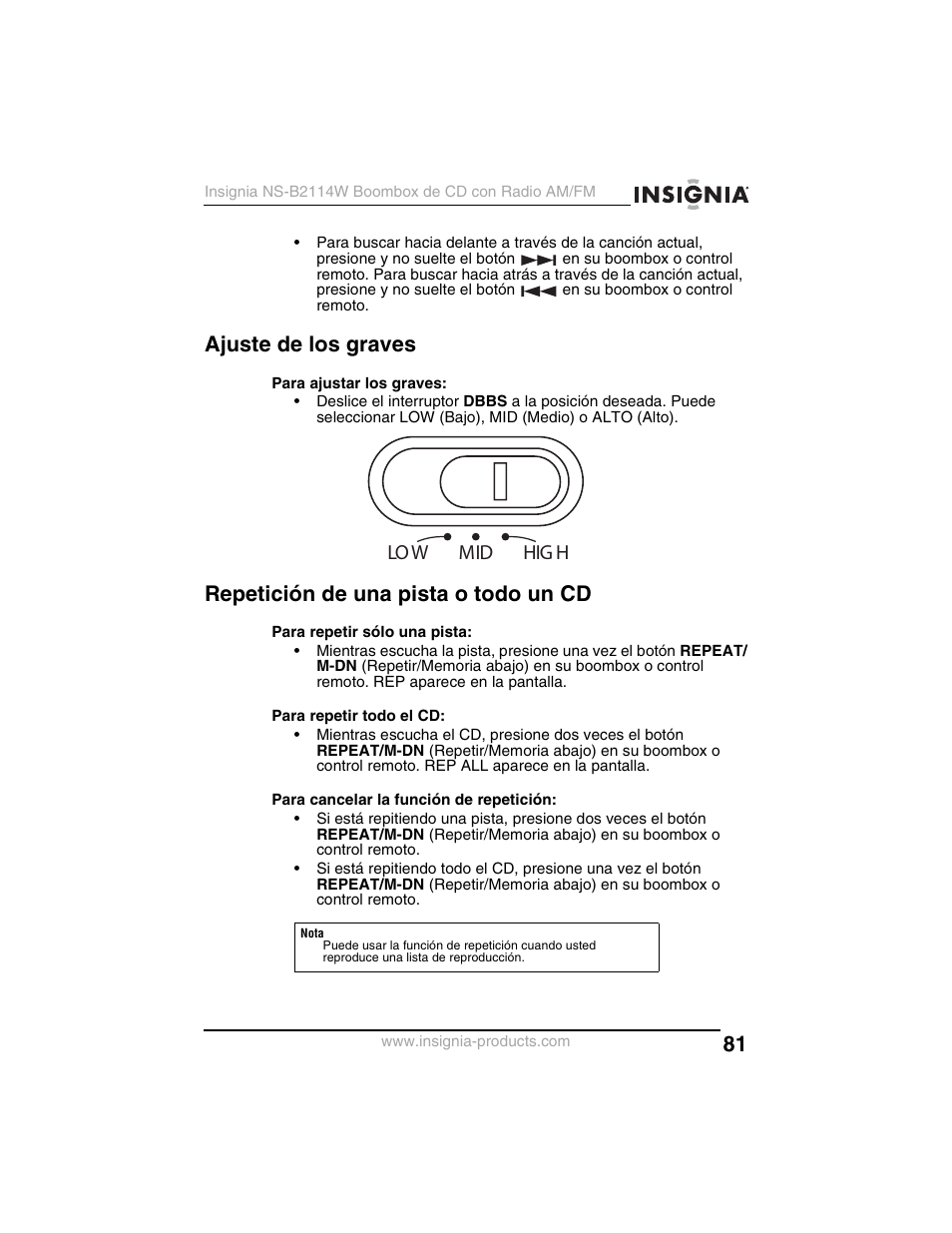 Ajuste de los graves, Repetición de una pista o todo un cd, Low mid hig h | Insignia NS-B2114W User Manual | Page 83 / 98