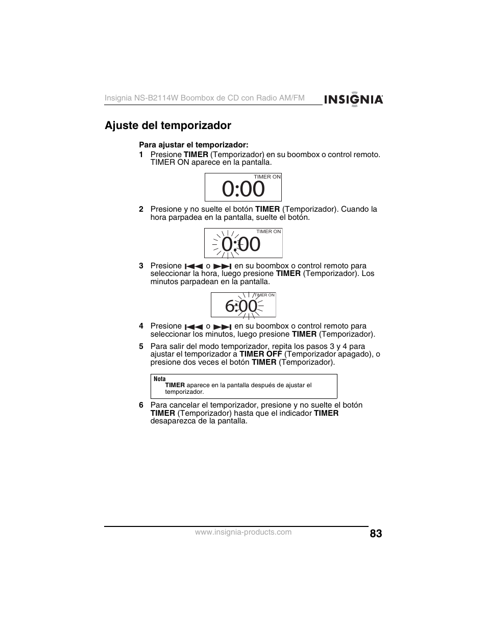 Ajuste del temporizador | Insignia NS-B2114W User Manual | Page 85 / 98