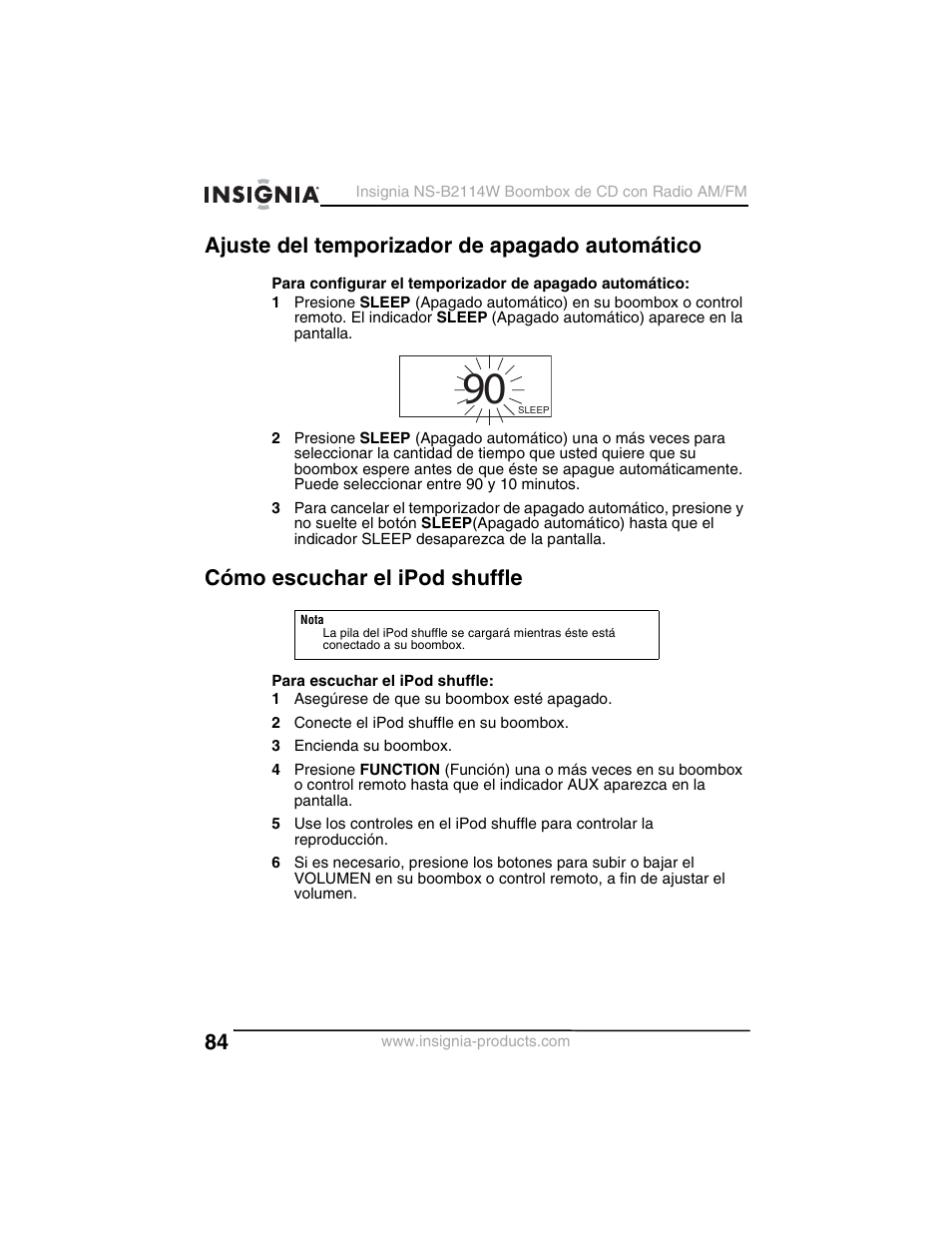 Ajuste del temporizador de apagado automático, Cómo escuchar el ipod shuffle | Insignia NS-B2114W User Manual | Page 86 / 98