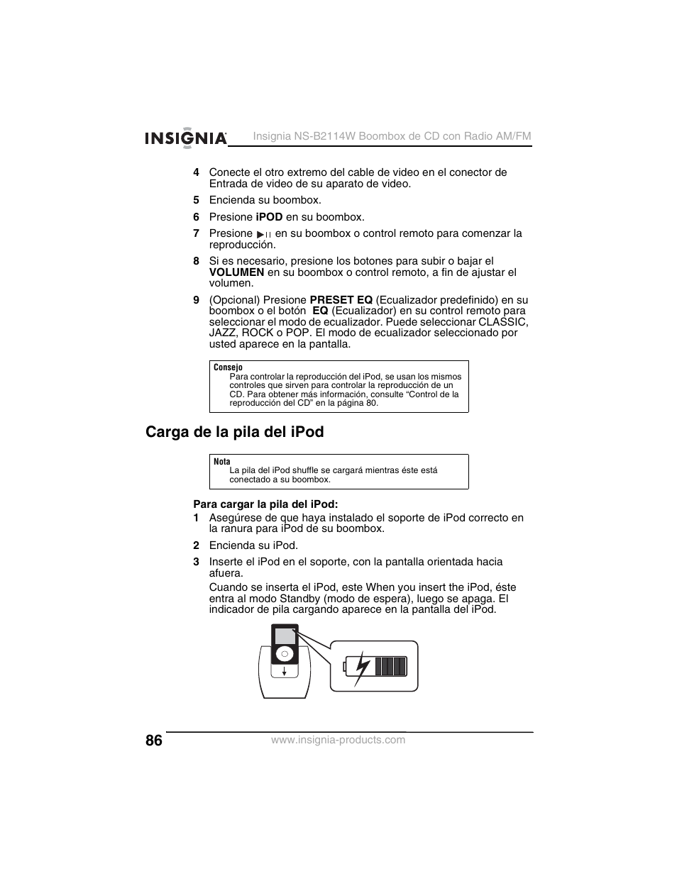 Carga de la pila del ipod | Insignia NS-B2114W User Manual | Page 88 / 98