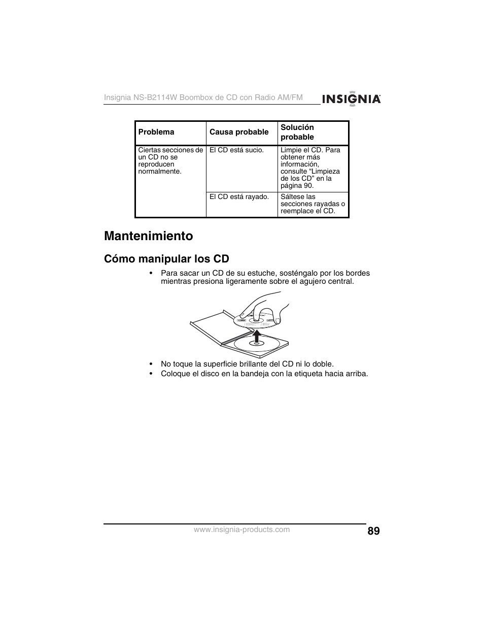 Mantenimiento, Cómo manipular los cd | Insignia NS-B2114W User Manual | Page 91 / 98
