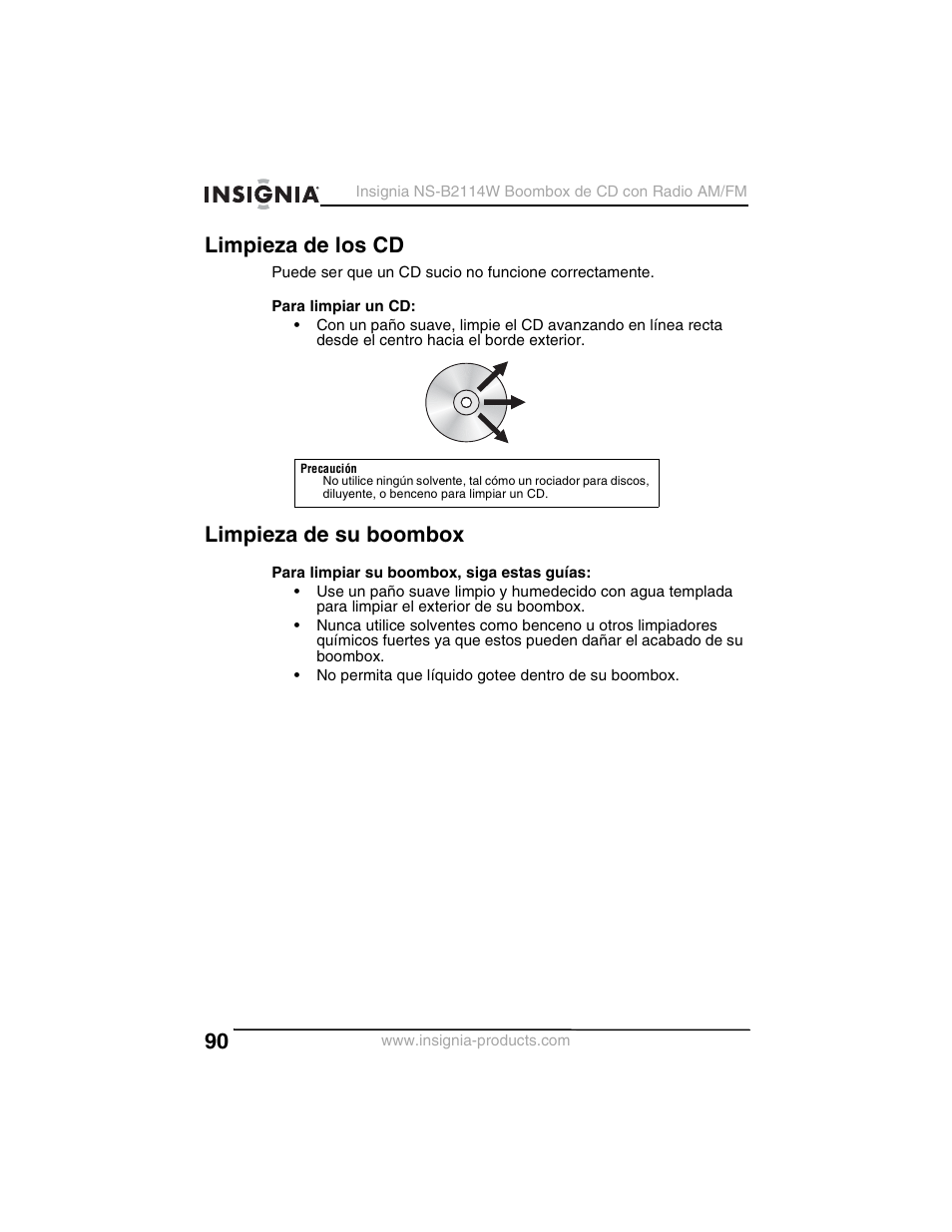 Limpieza de los cd, Limpieza de su boombox | Insignia NS-B2114W User Manual | Page 92 / 98