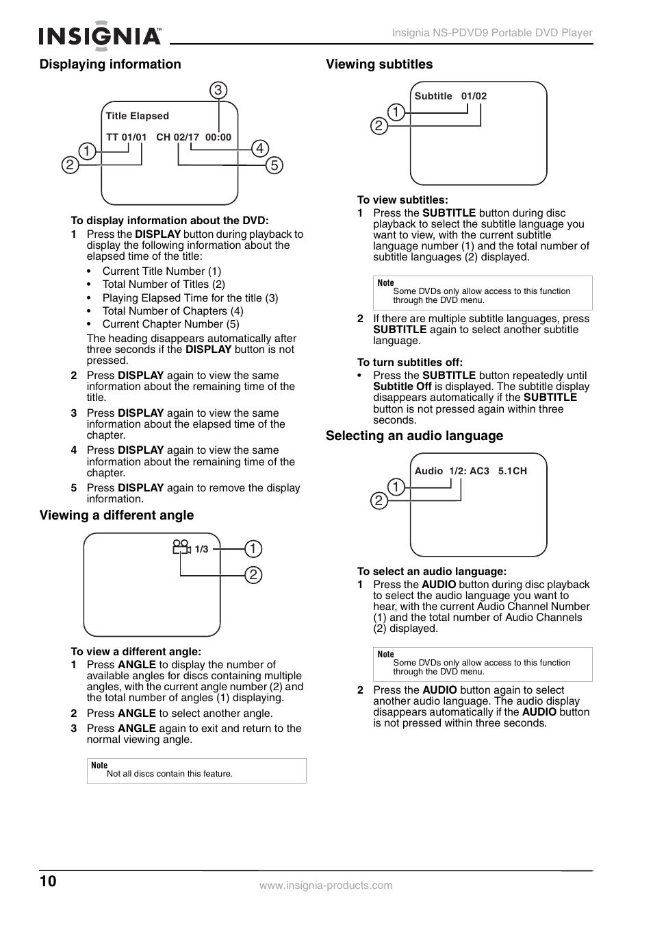 Displaying information, Viewing a different angle, 2 press angle to select another angle | Viewing subtitles, Selecting an audio language | Insignia NS-PDVD9 User Manual | Page 10 / 40