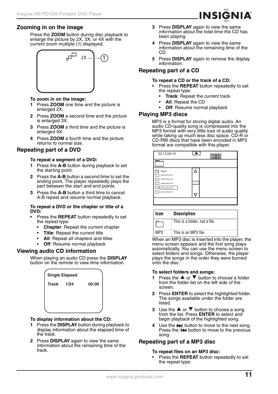 Zooming in on the image, Repeating part of a dvd, Viewing audio cd information | Repeating part of a cd, Playing mp3 discs, Repeating part of a mp3 disc | Insignia NS-PDVD9 User Manual | Page 11 / 40