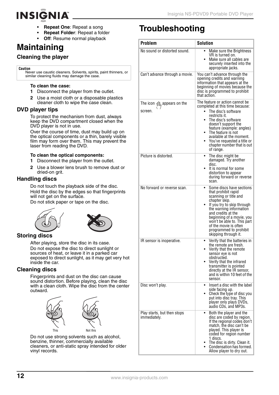 Maintaining, Cleaning the player, 1 disconnect the player from the outlet | Dvd player tips, Handling discs, Storing discs, Cleaning discs, Troubleshooting, Maintaining troubleshooting | Insignia NS-PDVD9 User Manual | Page 12 / 40