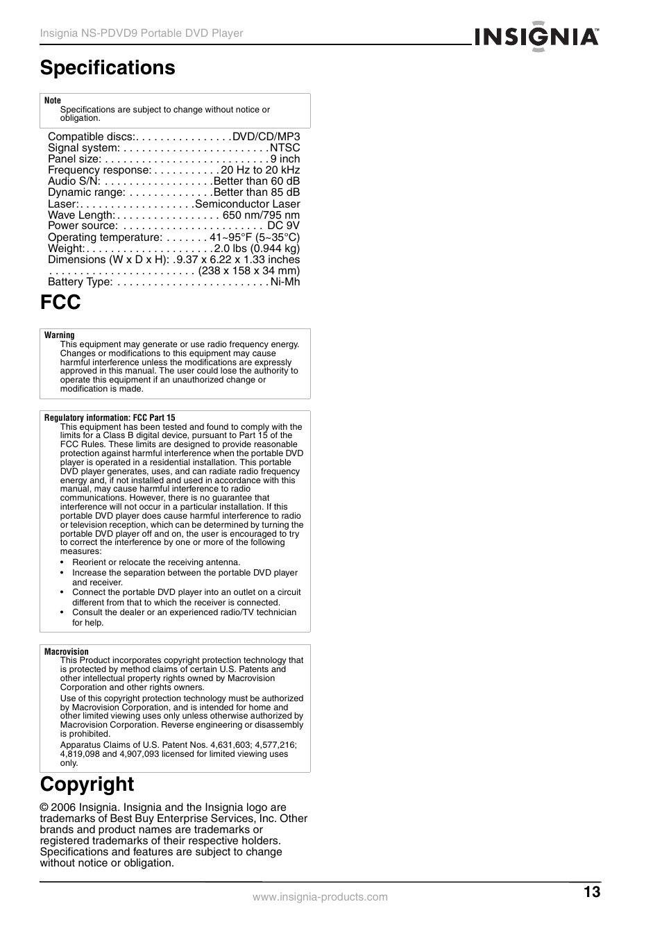 Specifications, Copyright, Specifications fcc copyright | Fcc copyright | Insignia NS-PDVD9 User Manual | Page 13 / 40