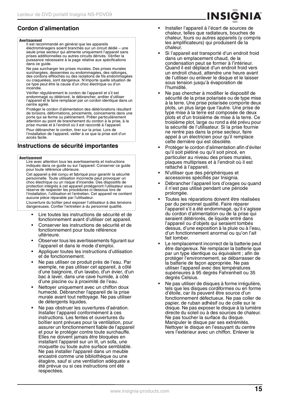 Cordon d’alimentation, Instructions de sécurité importantes | Insignia NS-PDVD9 User Manual | Page 15 / 40