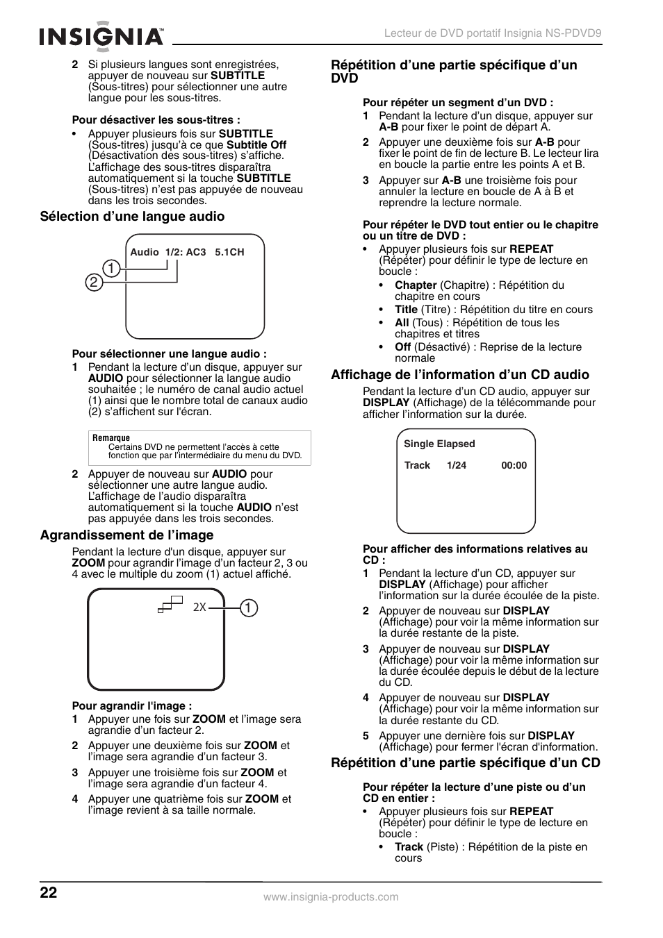 Sélection d’une langue audio, Agrandissement de l’image, Répétition d’une partie spécifique d’un dvd | Affichage de l’information d’un cd audio, Répétition d’une partie spécifique d’un cd | Insignia NS-PDVD9 User Manual | Page 22 / 40