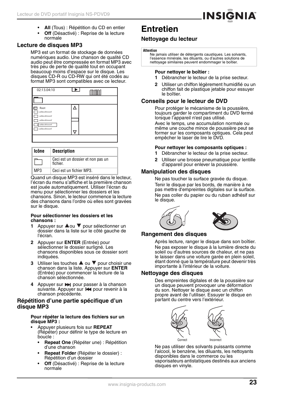 Lecture de disques mp3, Répétition d’une partie spécifique d’un disque mp3, Entretien | Nettoyage du lecteur, 1 débrancher le lecteur de la prise secteur, Conseils pour le lecteur de dvd, Manipulation des disques, Rangement des disques, Nettoyage des disques | Insignia NS-PDVD9 User Manual | Page 23 / 40