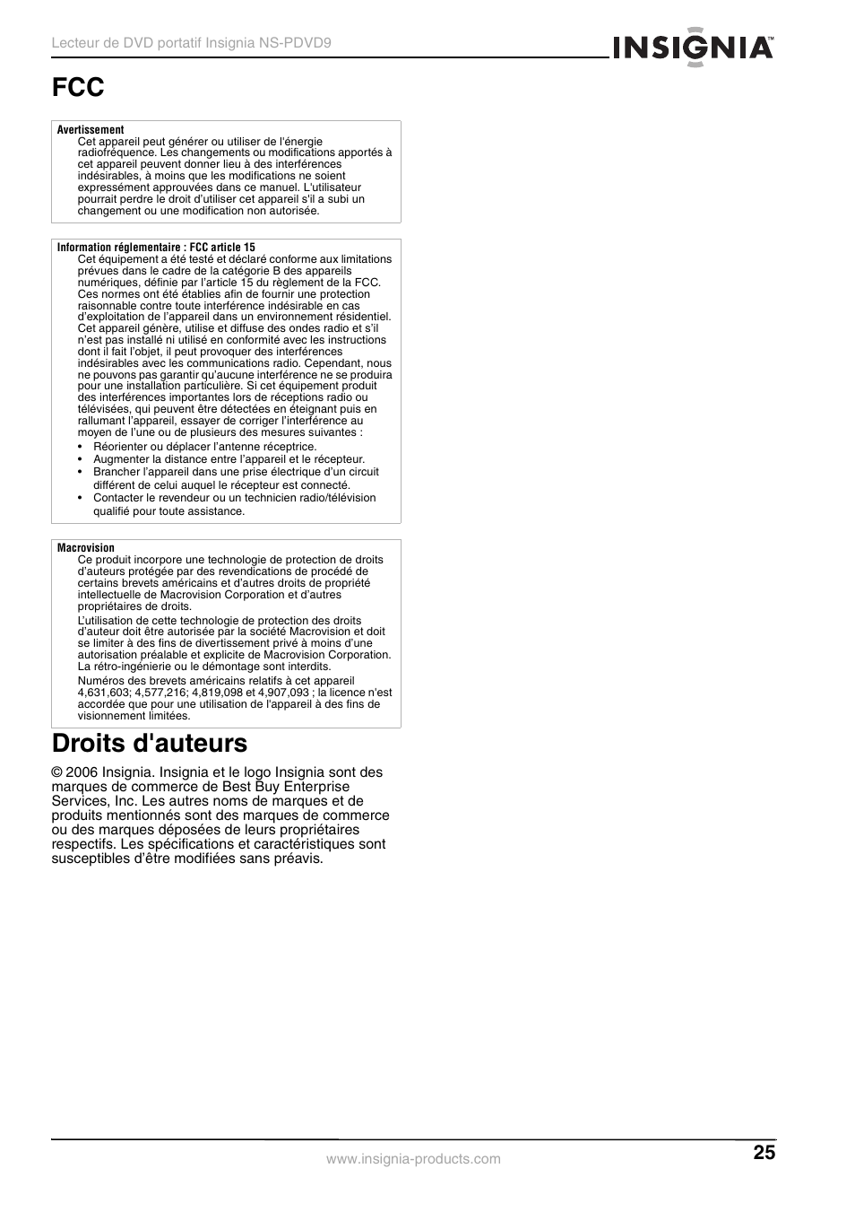 Droits d'auteurs, Fcc droits d'auteurs | Insignia NS-PDVD9 User Manual | Page 25 / 40