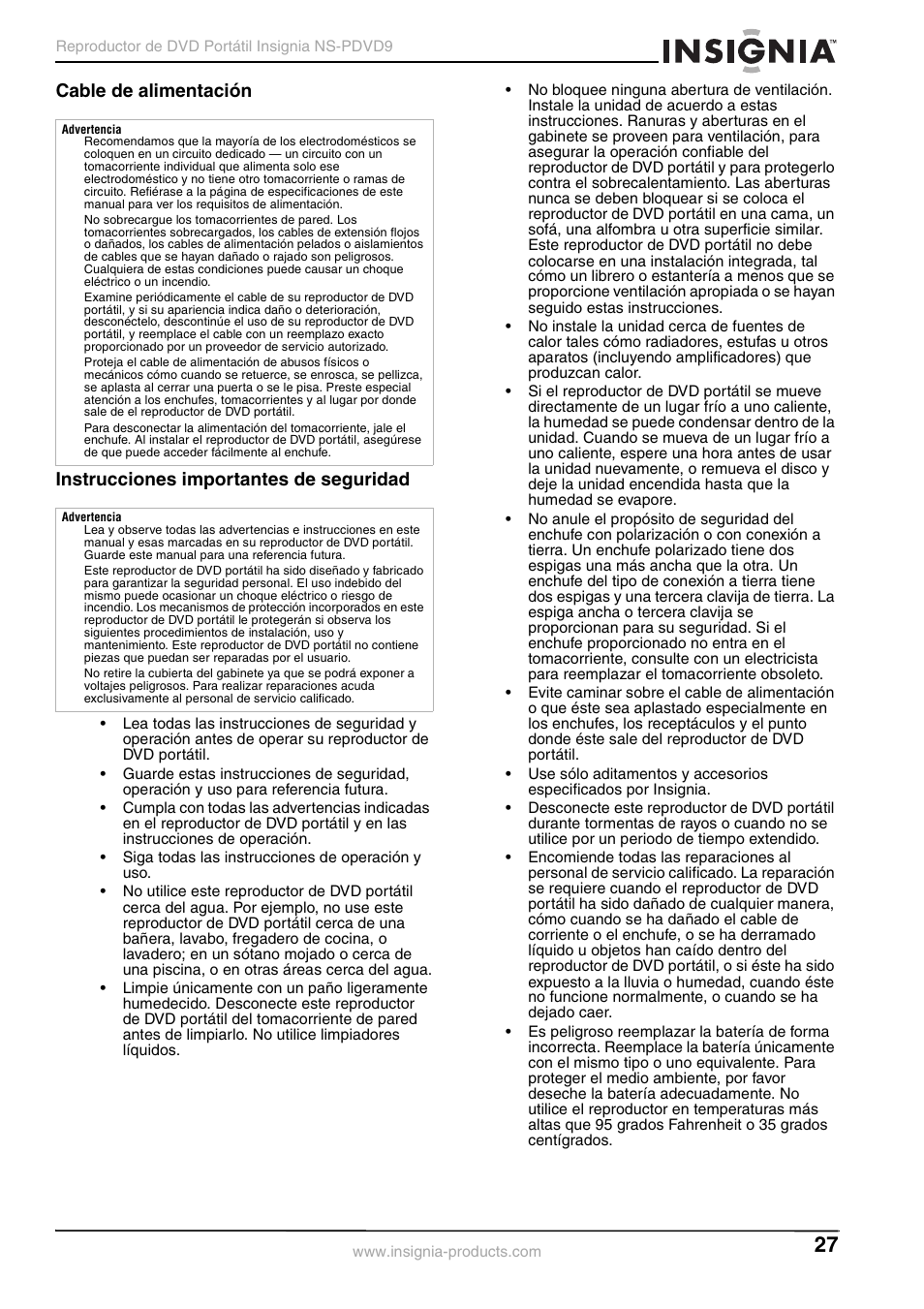 Cable de alimentación, Instrucciones importantes de seguridad | Insignia NS-PDVD9 User Manual | Page 27 / 40