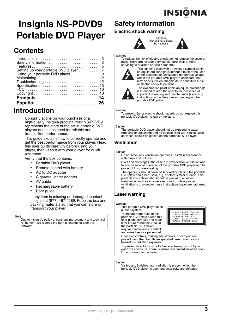 Insignia NS-PDVD9 User Manual | Page 3 / 40