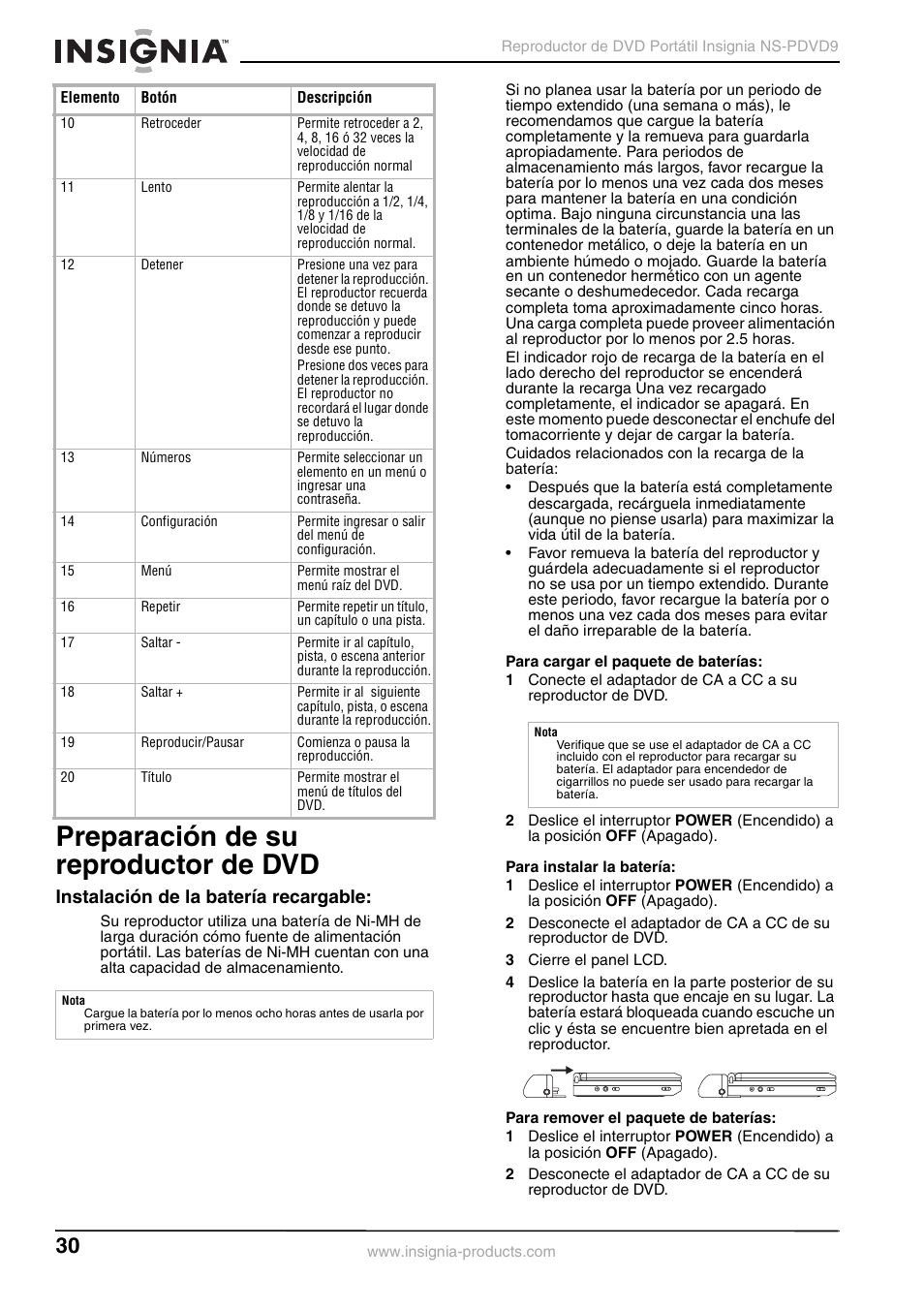 Preparación de su reproductor de dvd, Instalación de la batería recargable, 3 cierre el panel lcd | Insignia NS-PDVD9 User Manual | Page 30 / 40