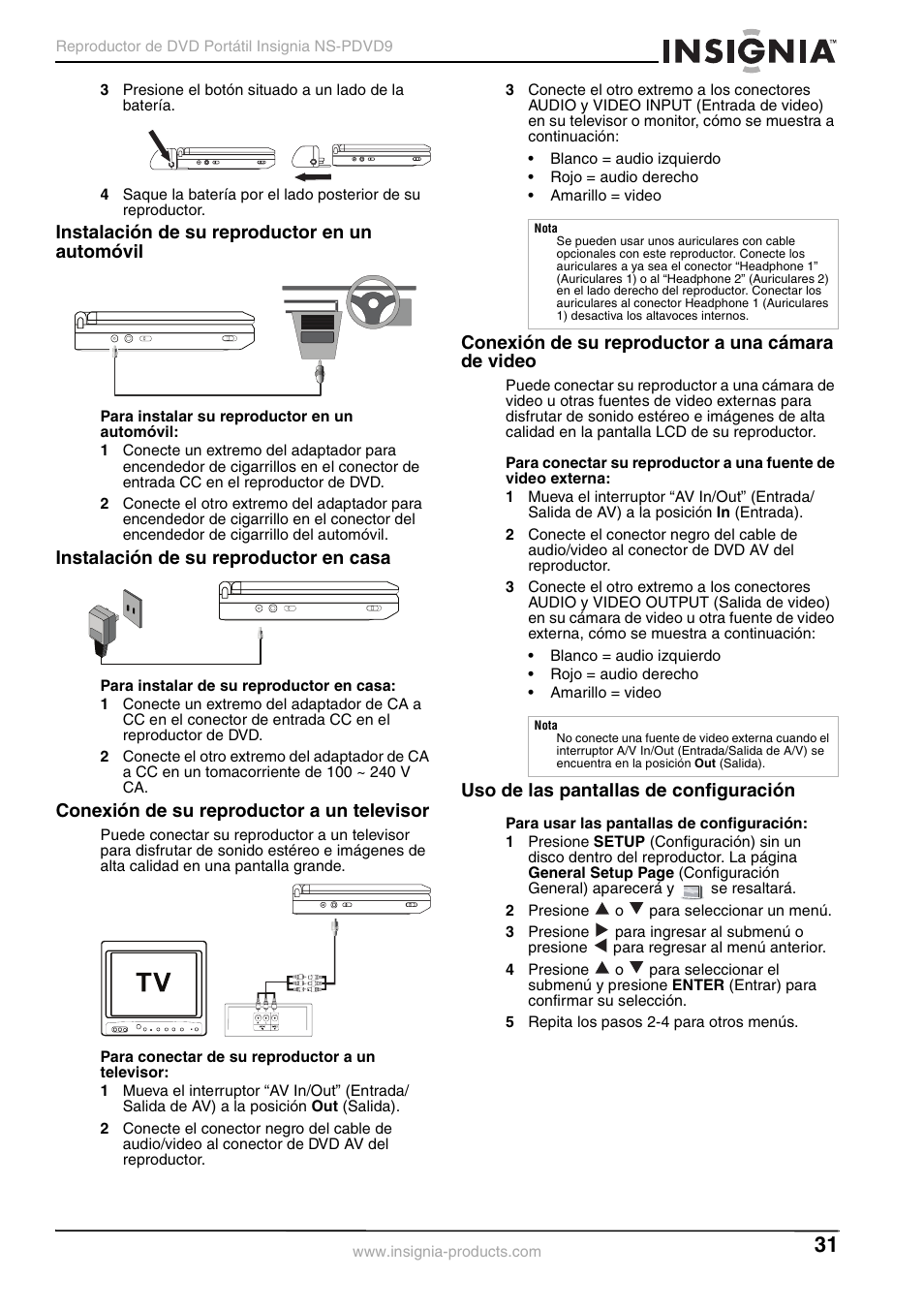 Instalación de su reproductor en un automóvil, Instalación de su reproductor en casa, Conexión de su reproductor a un televisor | Conexión de su reproductor a una cámara de video, Uso de las pantallas de configuración, 2 presione o para seleccionar un menú, 5 repita los pasos 2-4 para otros menús | Insignia NS-PDVD9 User Manual | Page 31 / 40