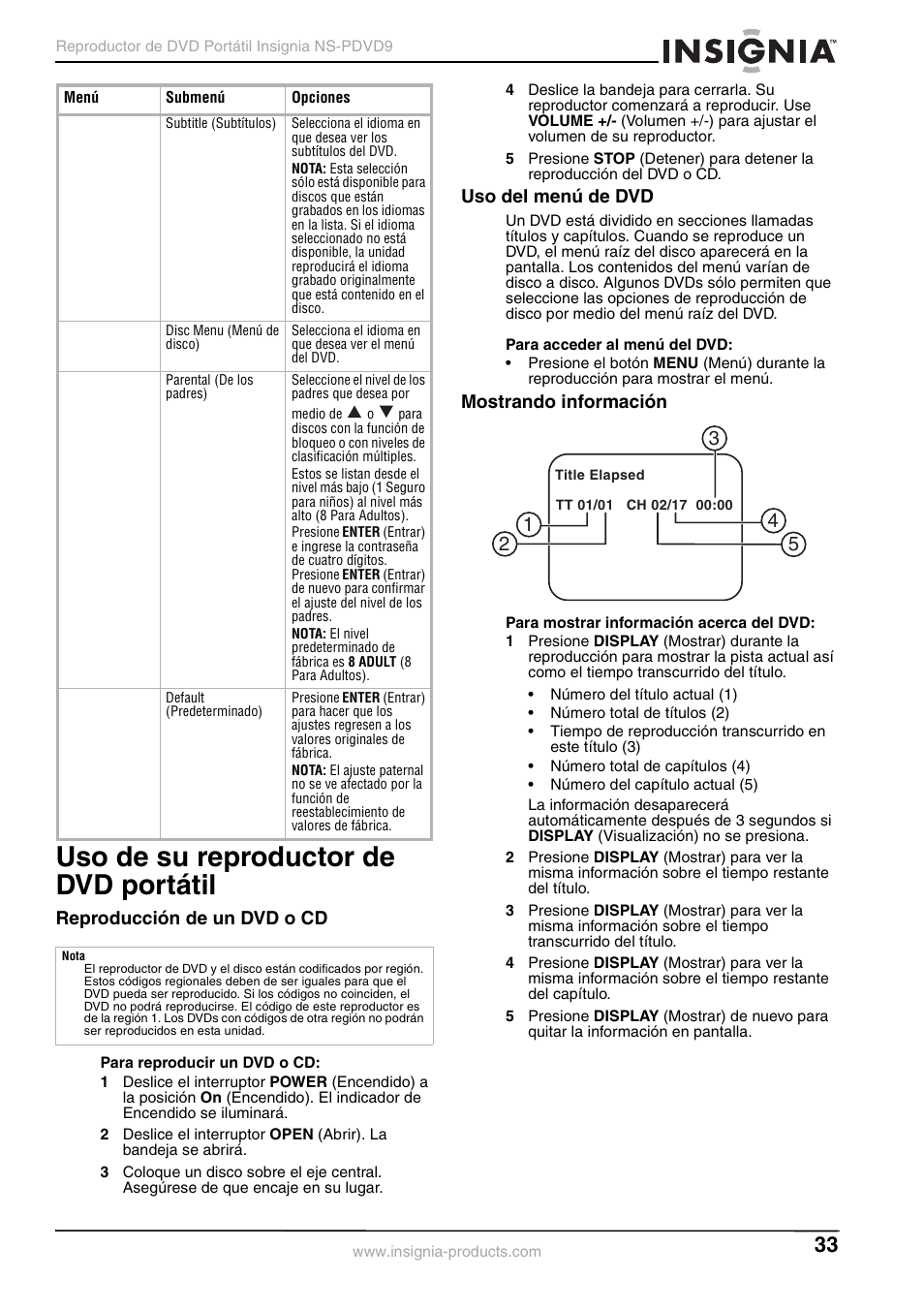 Uso de su reproductor de dvd portátil, Reproducción de un dvd o cd, Uso del menú de dvd | Mostrando información | Insignia NS-PDVD9 User Manual | Page 33 / 40