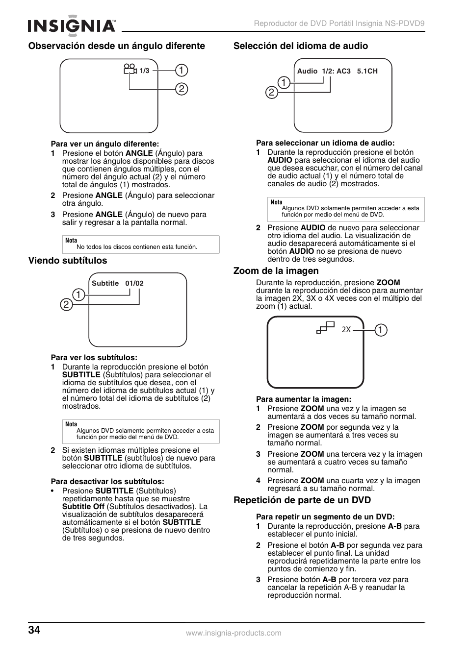 Observación desde un ángulo diferente, Viendo subtítulos, Selección del idioma de audio | Zoom de la imagen, Repetición de parte de un dvd | Insignia NS-PDVD9 User Manual | Page 34 / 40