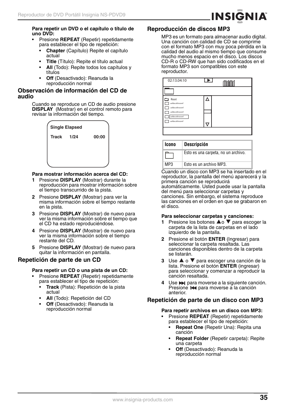 Observación de información del cd de audio, Repetición de parte de un cd, Reproducción de discos mp3 | Repetición de parte de un disco con mp3 | Insignia NS-PDVD9 User Manual | Page 35 / 40