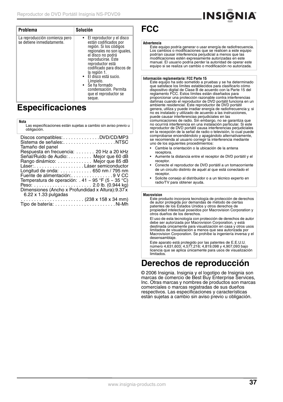 Especificaciones, Derechos de reproducción, Especificaciones fcc derechos de reproducción | Fcc derechos de reproducción | Insignia NS-PDVD9 User Manual | Page 37 / 40