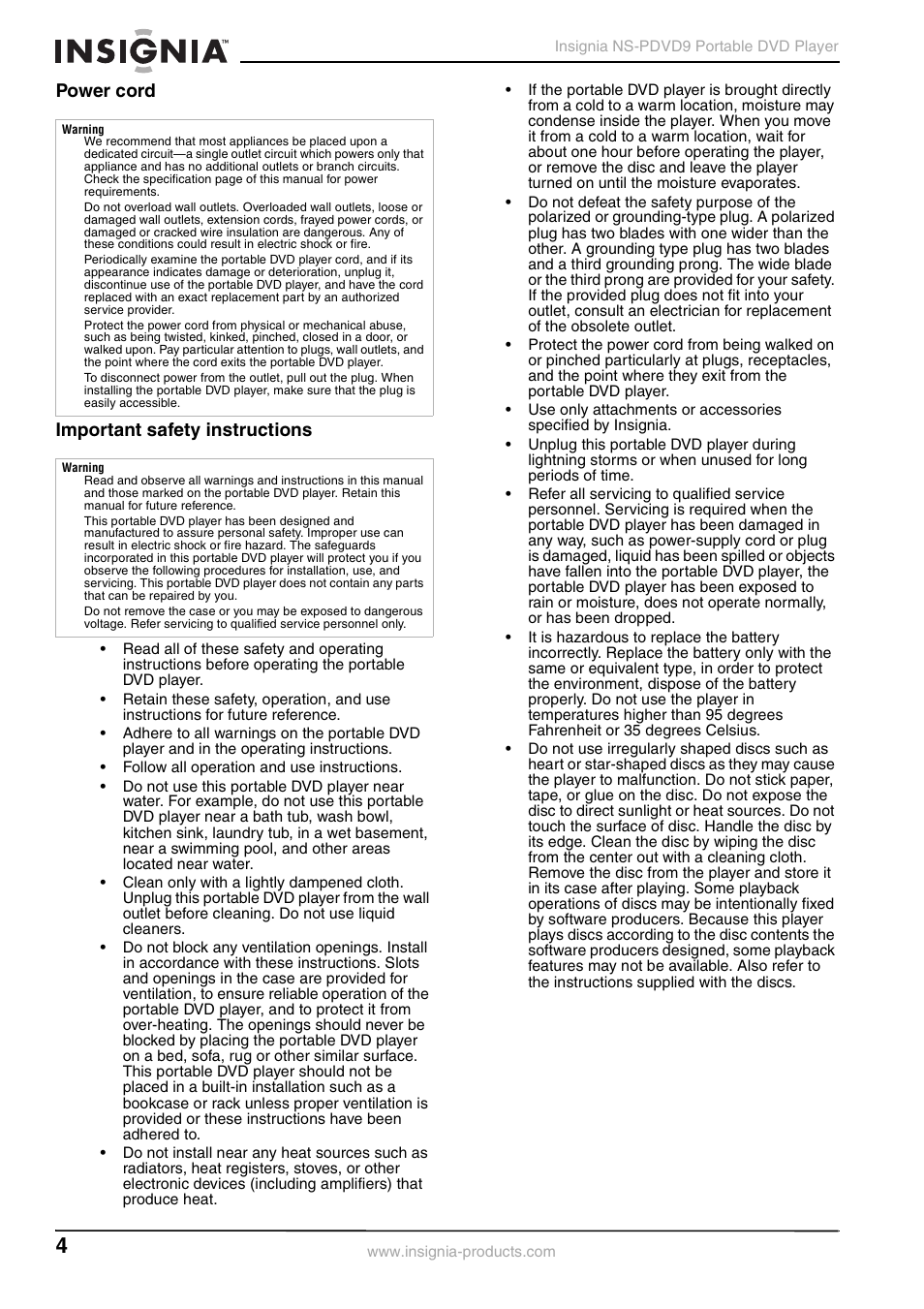 Power cord, Important safety instructions, Power cord important safety instructions | Insignia NS-PDVD9 User Manual | Page 4 / 40