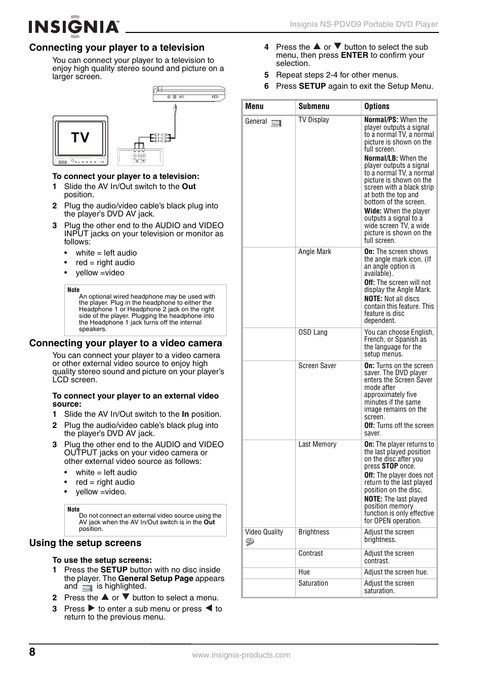 Connecting your player to a television, 1 slide the av in/out switch to the out position, Connecting your player to a video camera | 1 slide the av in/out switch to the in position, Using the setup screens, 2 press the or button to select a menu, 5 repeat steps 2-4 for other menus, 6 press setup again to exit the setup menu | Insignia NS-PDVD9 User Manual | Page 8 / 40