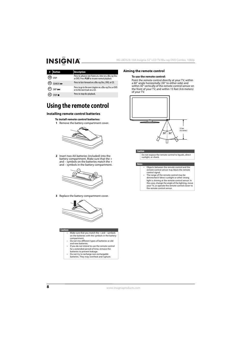 Using the remote control, Installing remote control batteries, Aiming the remote control | Insignia NS-LBD32X-10A User Manual | Page 12 / 64