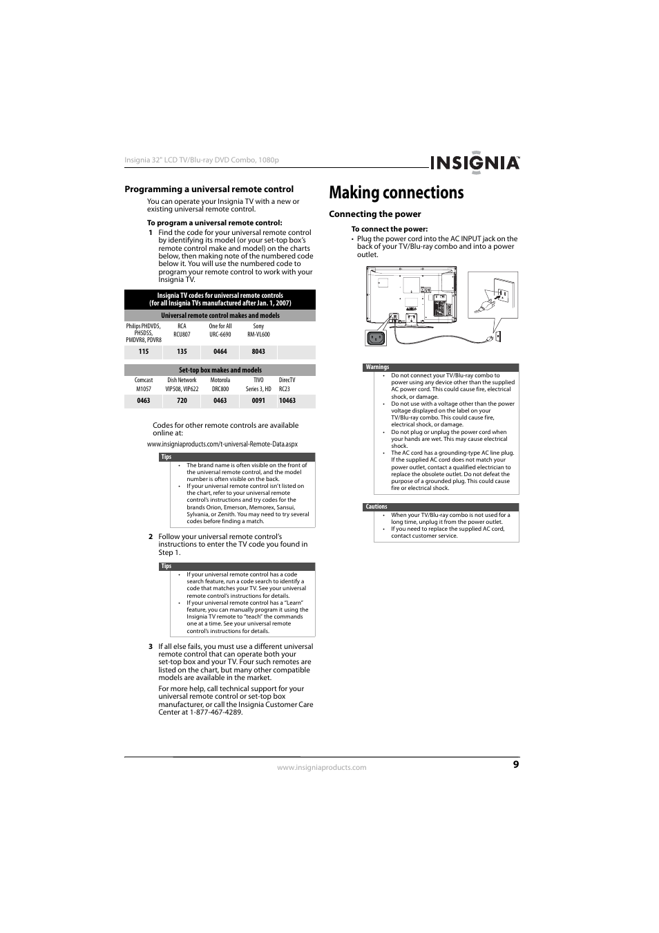 Programming a universal remote control, Making connections, Connecting the power | Connecting the power” o | Insignia NS-LBD32X-10A User Manual | Page 13 / 64