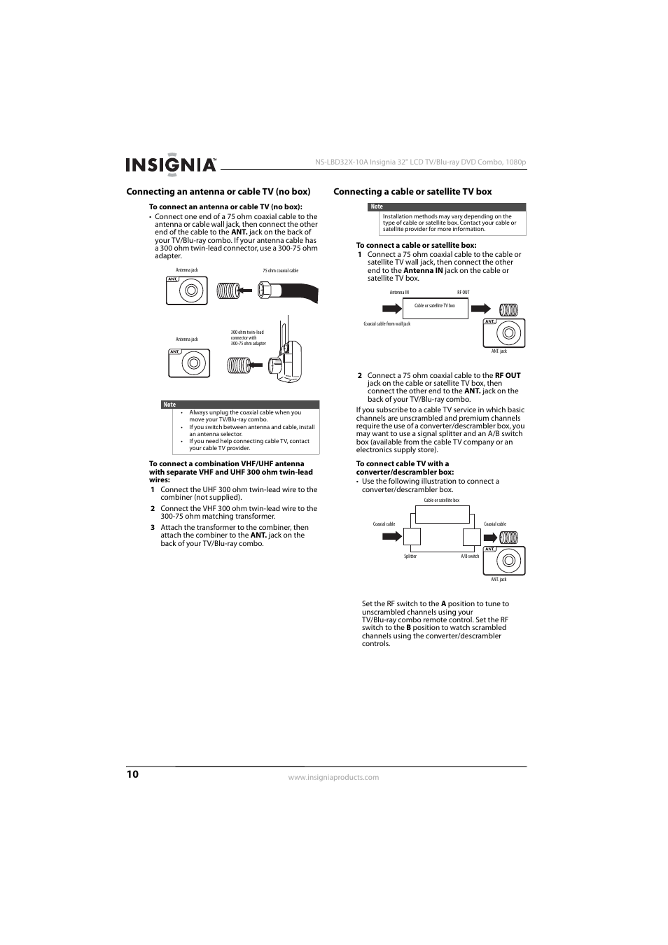 Connecting an antenna or cable tv (no box), Connecting a cable or satellite tv box, 10 o | Insignia NS-LBD32X-10A User Manual | Page 14 / 64