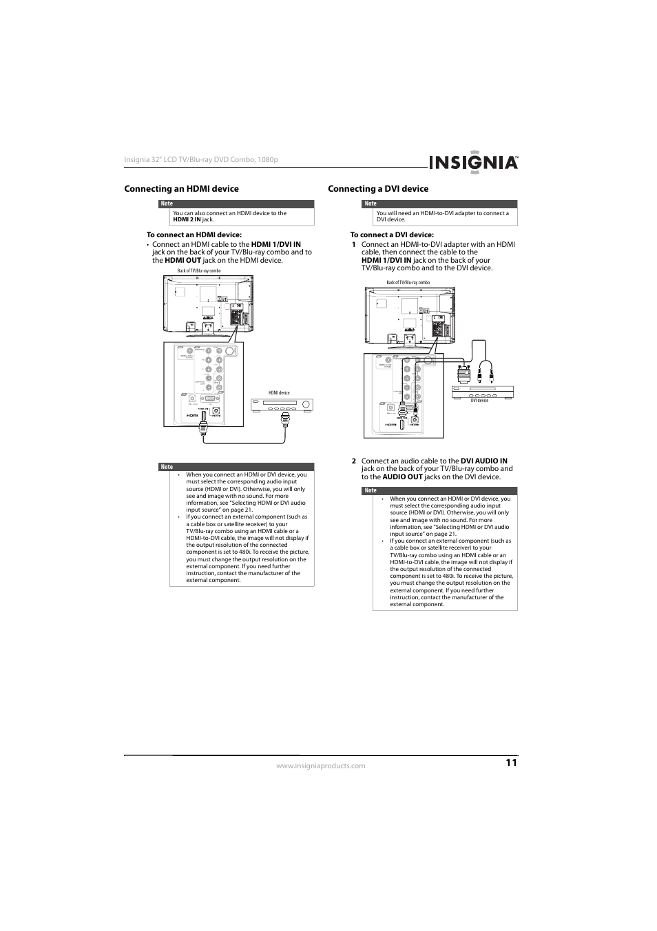 Connecting an hdmi device, Connecting a dvi device, Connecting an hdmi device connecting a dvi device | Connecting a dvi device” on, 11 or “connecting a dvi device | Insignia NS-LBD32X-10A User Manual | Page 15 / 64