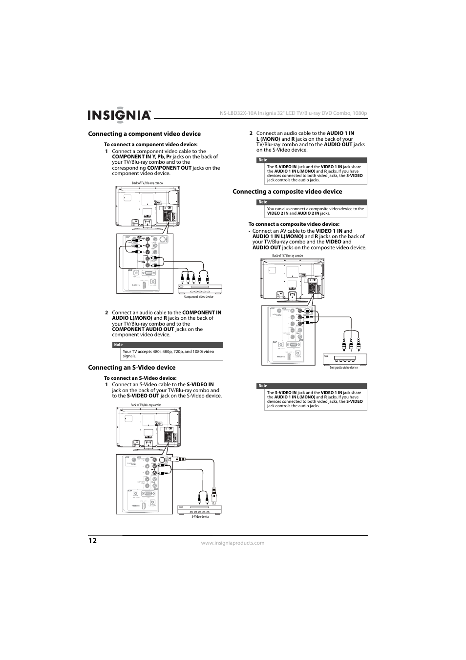 Connecting a component video device, Connecting an s-video device, Connecting a composite video device | See “connecting an s-video device | Insignia NS-LBD32X-10A User Manual | Page 16 / 64