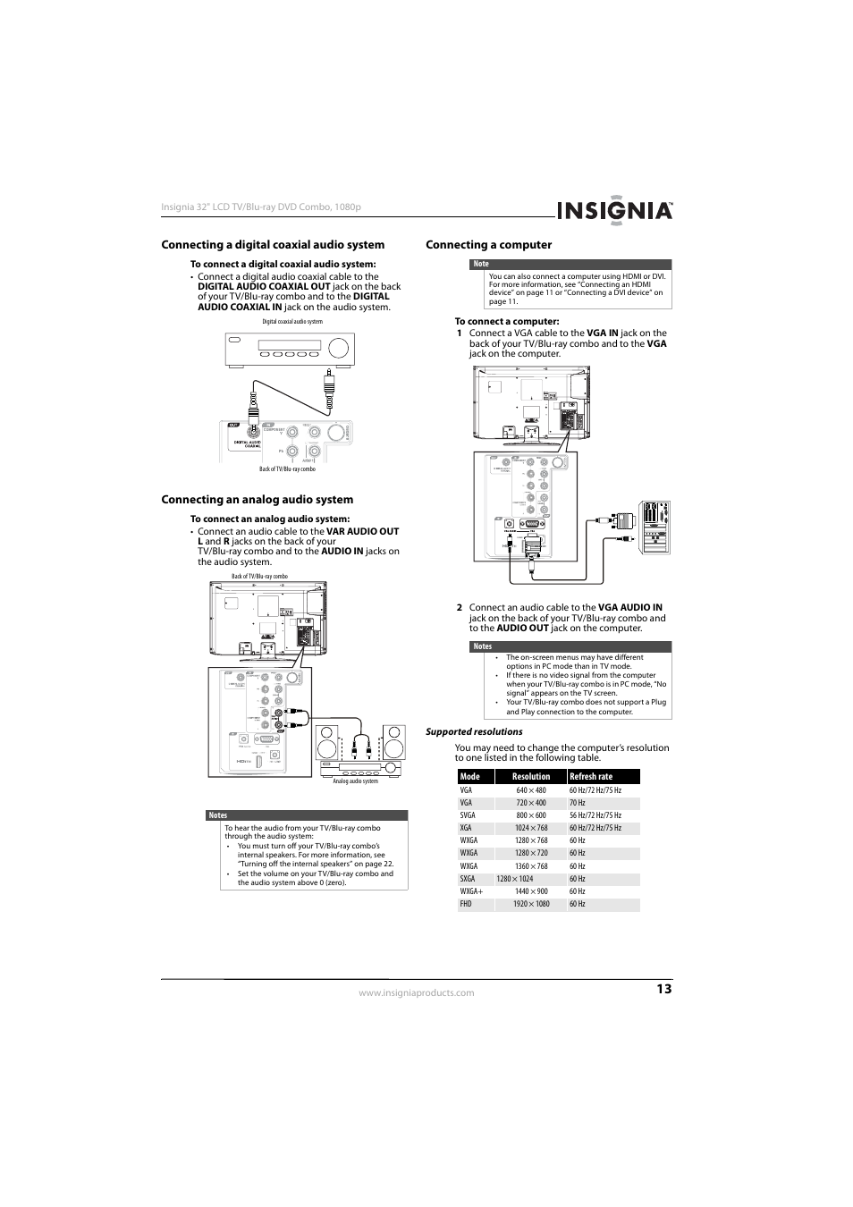 Connecting a digital coaxial audio system, Connecting an analog audio system, Connecting a computer | Connecting a digital coaxial audio system” on, Connecting an analog audio system” on, See “connecting a computer | Insignia NS-LBD32X-10A User Manual | Page 17 / 64