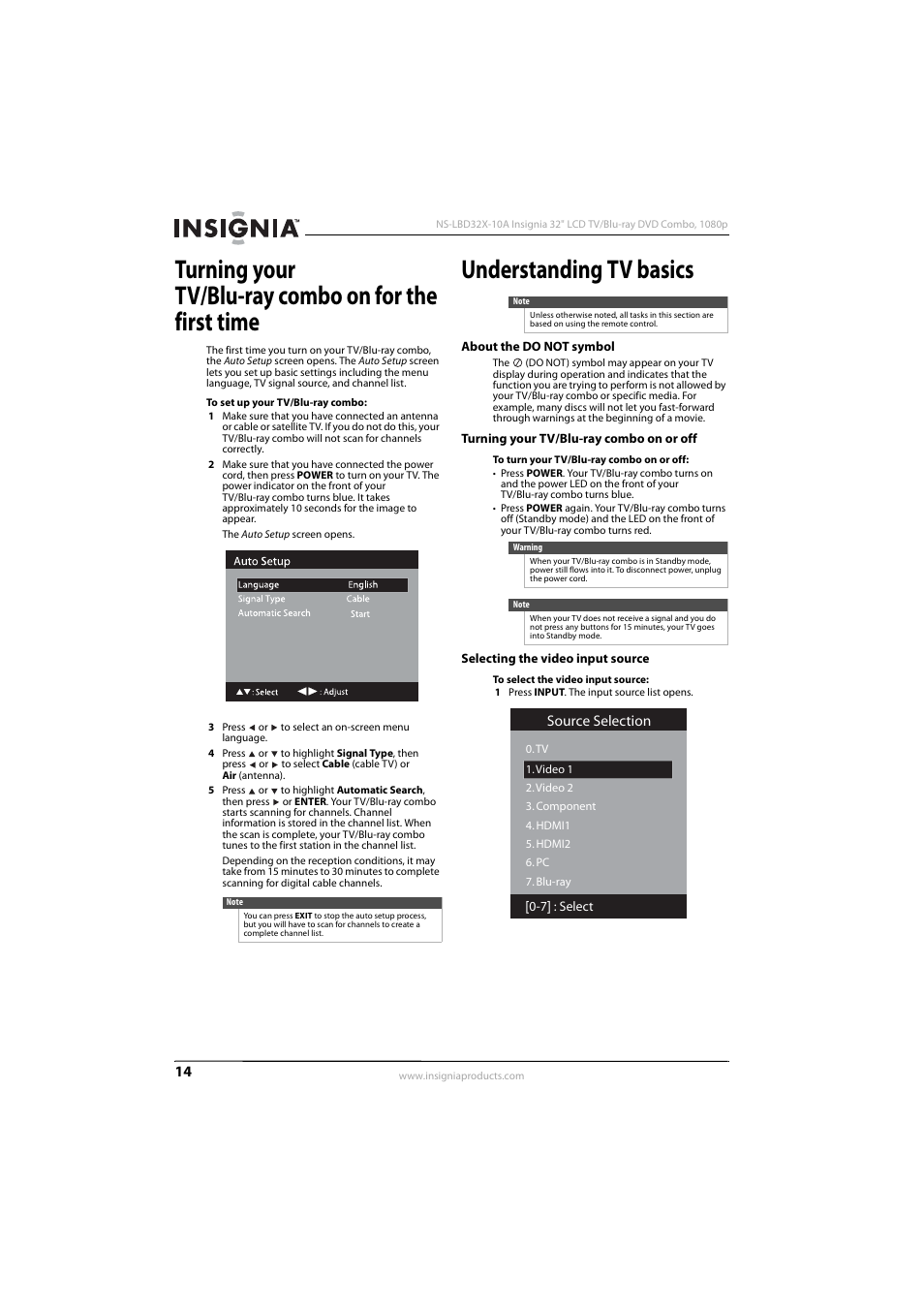 Understanding tv basics, About the do not symbol, Turning your tv/blu-ray combo on or off | Selecting the video input source, Selecting the video input source” on, Turning your tv/blu-ray combo on or off” on, Selecting the video input source” o | Insignia NS-LBD32X-10A User Manual | Page 18 / 64