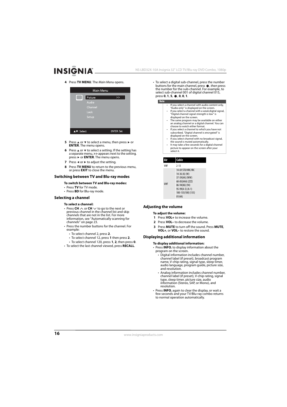 Switching between tv and blu-ray modes, Selecting a channel, Adjusting the volume | Displaying additional information, Ee “selecting a channel” o | Insignia NS-LBD32X-10A User Manual | Page 20 / 64
